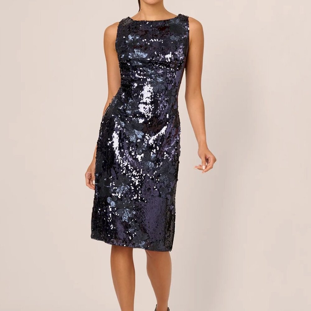 Adrianna Papell Sequin Sheath Dress Navy Size 8 New NWT